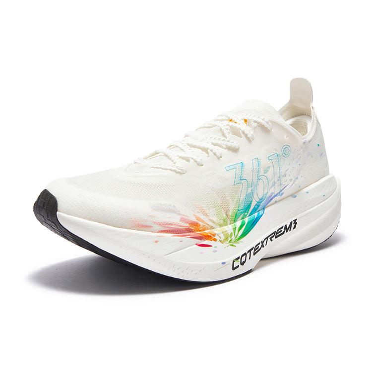 White running shoe with multicolor splash, blue 361 graphic, lace-up, foam midsole