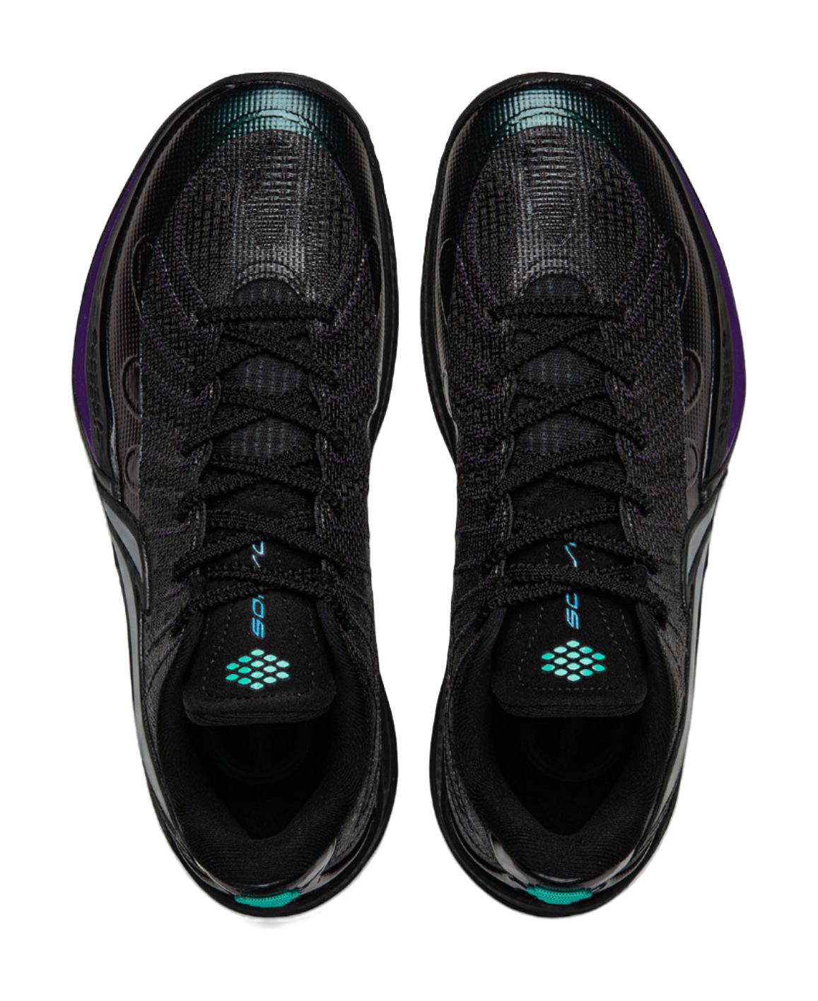 Men's black basketball shoe laces and tongue with teal accents and purple side detail