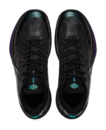 Men's black basketball shoe laces and tongue with teal accents and purple side detail