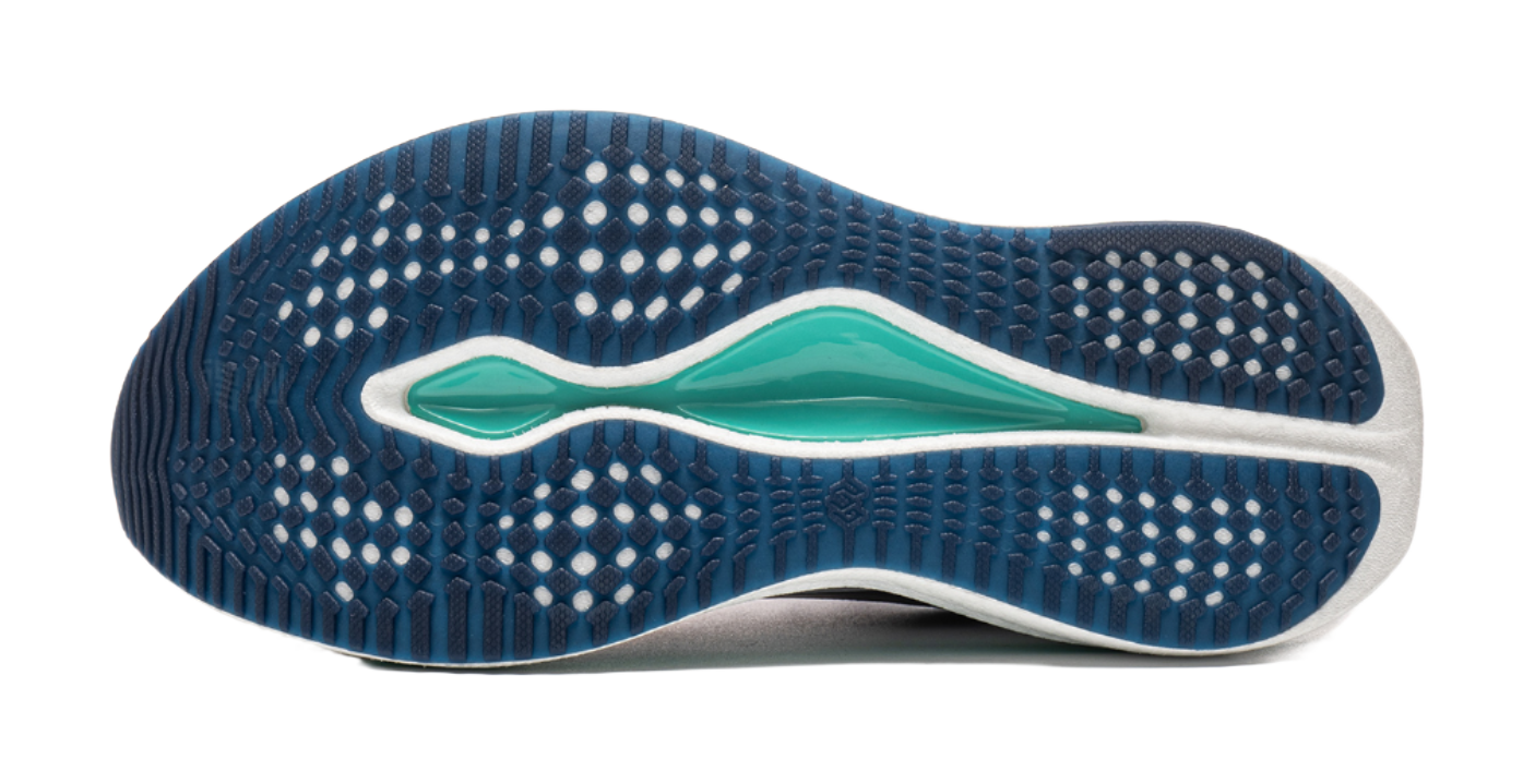Underside of navy running shoe with teal accent and dotted traction pattern