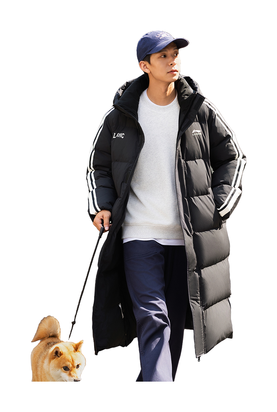 Men's black long hooded down jacket with stripe trim, worn with gray top