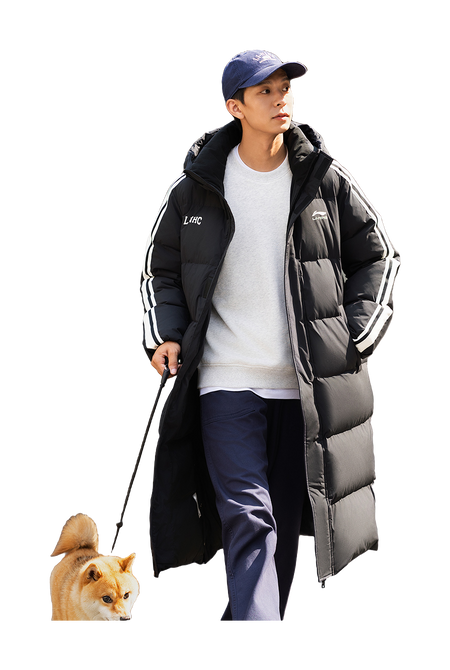Men's black long hooded down jacket with stripe trim, worn with gray top