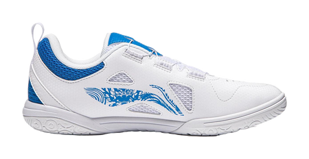 White table tennis shoe with blue heel panel, side graphic, and textured rubber outsole.