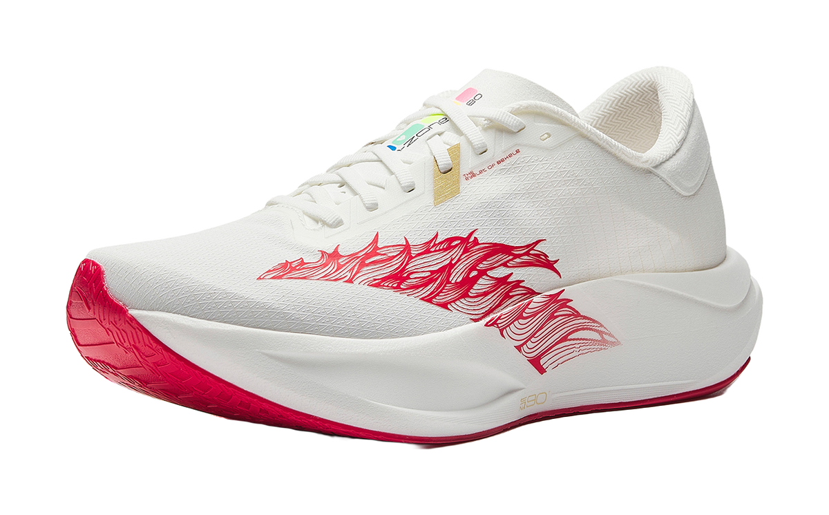 White running shoe with red dragon logo, lace-up front, cushioned collar