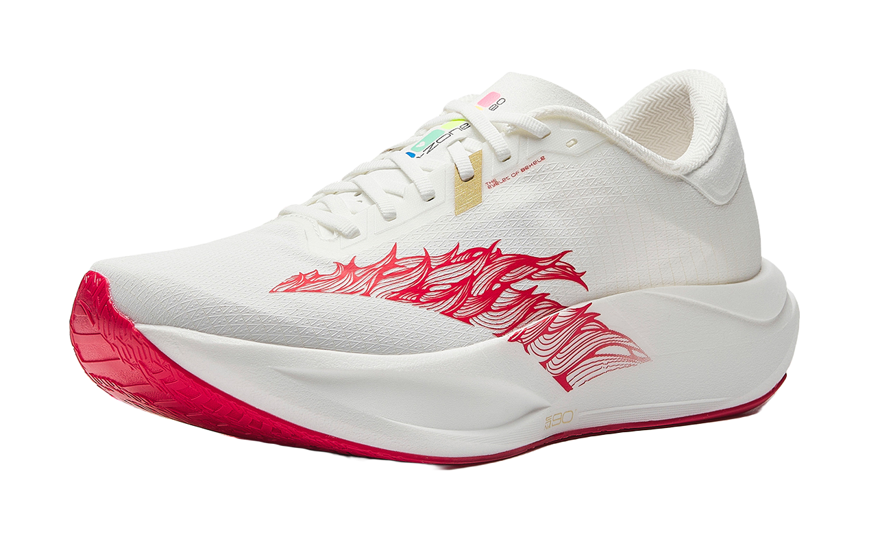 White running shoe with red dragon logo, lace-up front, cushioned collar