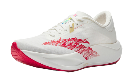 White running shoe with red dragon logo, lace-up front, cushioned collar