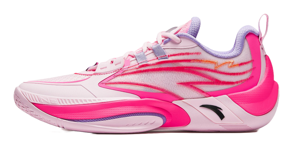Unisex basketball shoe in pink and lavender with white accents and lace-up design