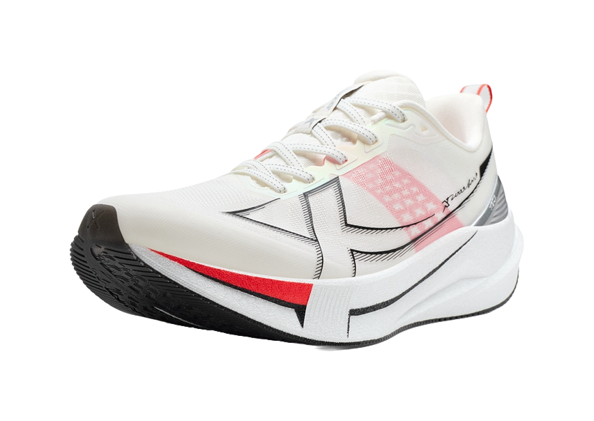 White unisex running shoe with pink panel, black logo stripe, and red heel pull tab