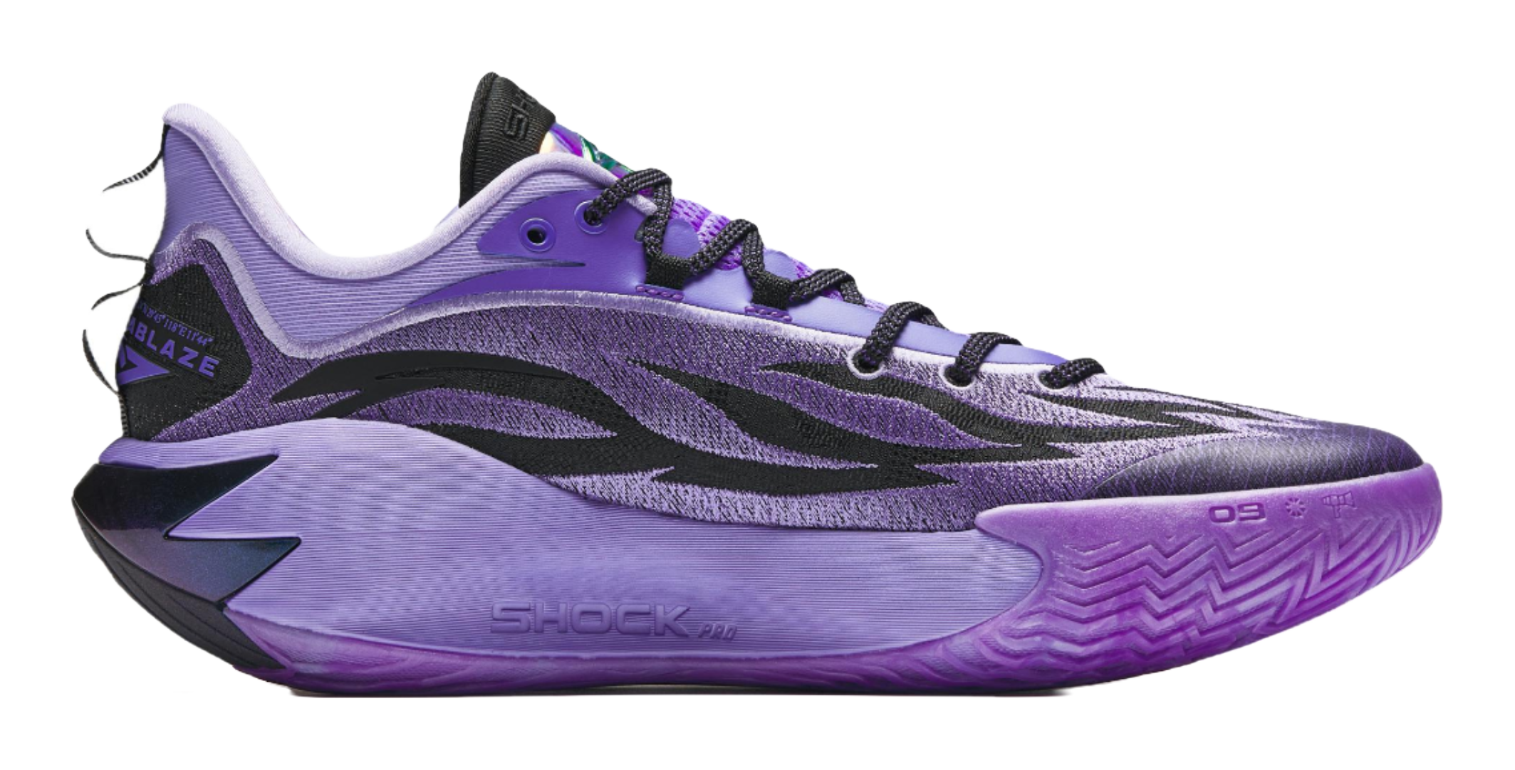 Purple basketball shoe with black overlays, lace-up closure, and textured midsole.