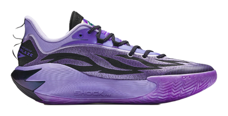 Purple basketball shoe with black overlays, lace-up closure, and textured midsole.