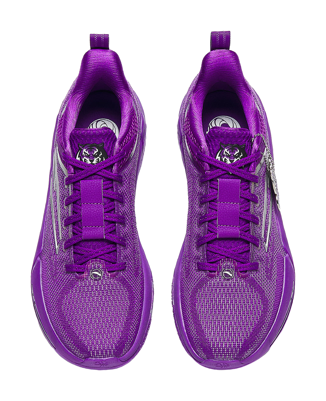 Unisex basketball shoes in fluorescent violet, front view with lace and tongue branding