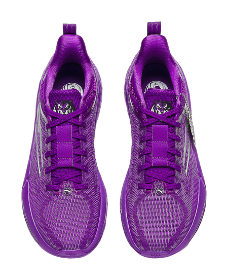Unisex basketball shoes in fluorescent violet, front view with lace and tongue branding