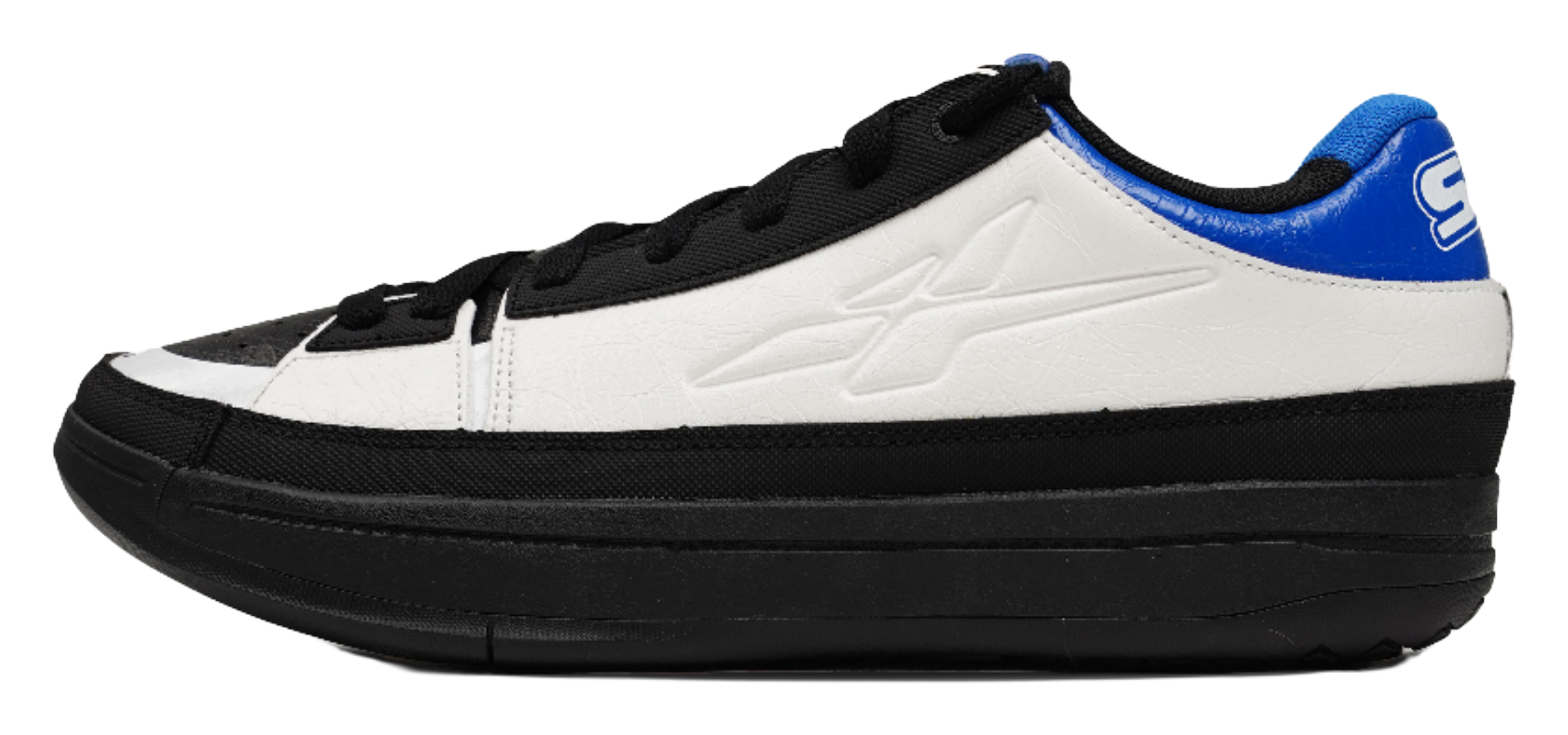 Unisex basketball shoe in black and white with blue collar accents, lace-up front.