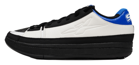 Unisex basketball shoe in black and white with blue collar accents, lace-up front.