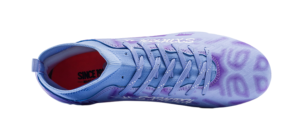 Unisex FG soccer cleat, open heel collar shows red lining; purple and blue upper