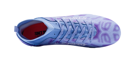 Unisex FG soccer cleat, open heel collar shows red lining; purple and blue upper