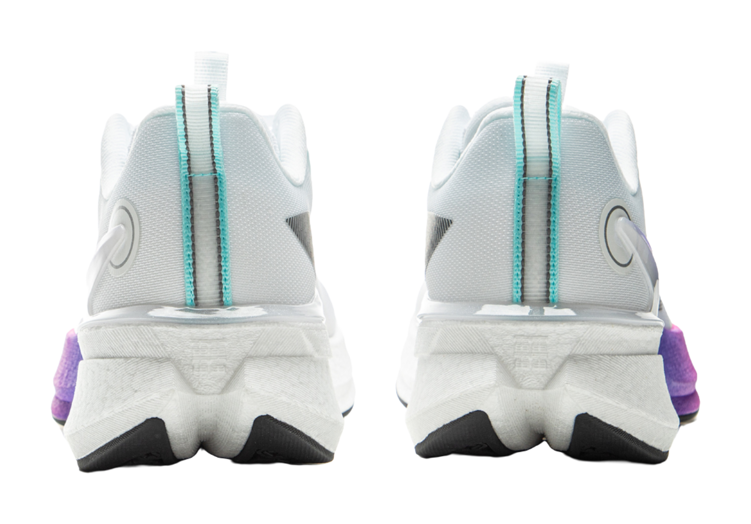 White running shoe heel view with teal pull tabs and cushioned back