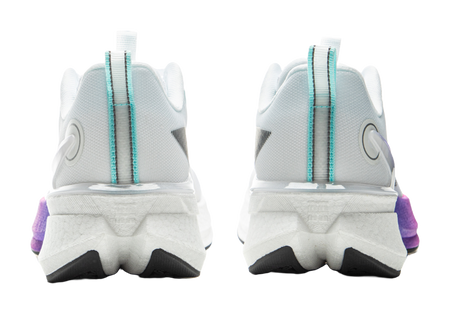 White running shoe heel view with teal pull tabs and cushioned back