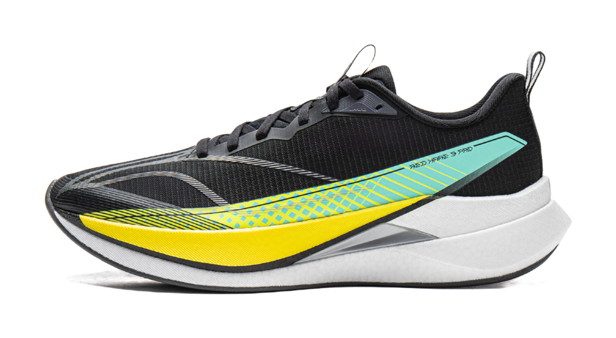 Unisex running shoe with black knit upper, teal and yellow accents, white midsole