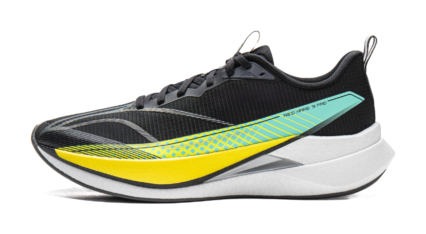 Unisex running shoe with black knit upper, teal and yellow accents, white midsole