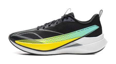 Unisex running shoe with black knit upper, teal and yellow accents, white midsole
