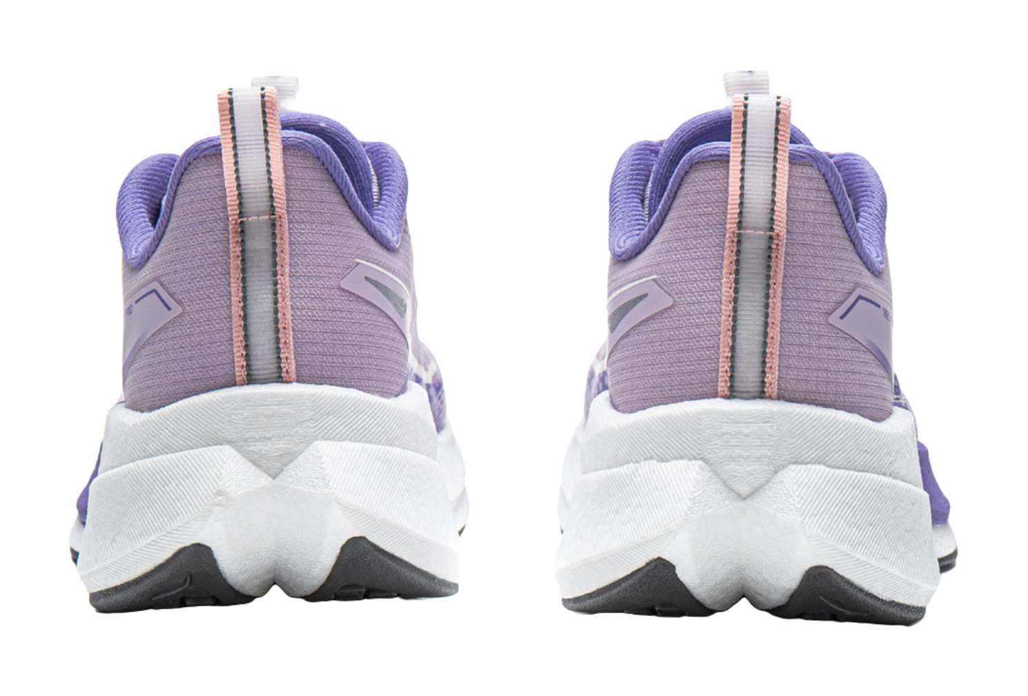 Pair of lavender purple running shoes with white midsoles and orange-striped heel straps
