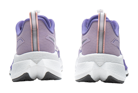 Pair of lavender purple running shoes with white midsoles and orange-striped heel straps