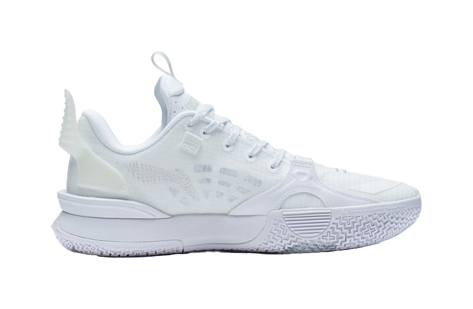 White basketball shoe with lace-up front and side stripe detailing, cushioned midsole