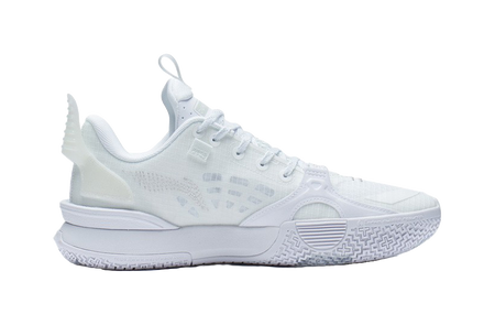 White basketball shoe with lace-up front and side stripe detailing, cushioned midsole