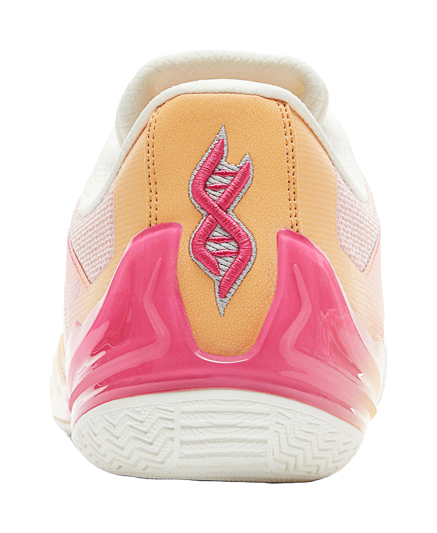 Pink and orange shoe heel with embroidered logo, white lining, glossy pink outsole