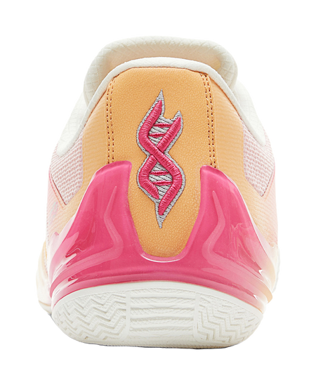 Pink and orange shoe heel with embroidered logo, white lining, glossy pink outsole
