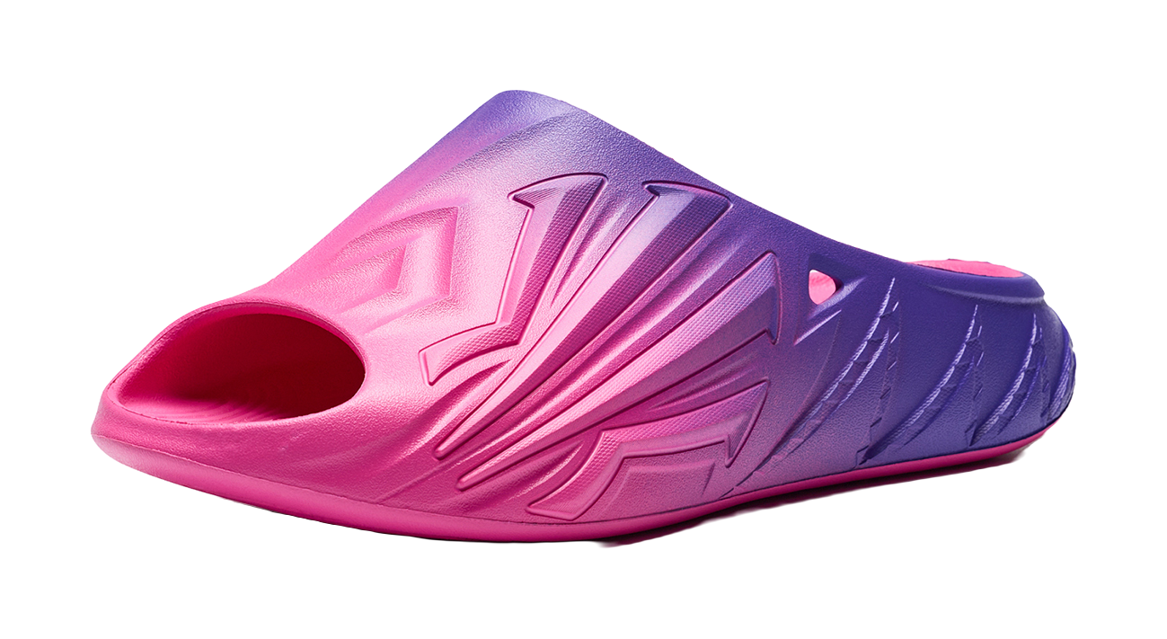 Unisex slide sandal, open toe, pink and purple gradient with textured side panel