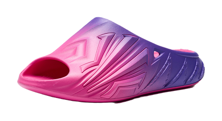 Unisex slide sandal, open toe, pink and purple gradient with textured side panel