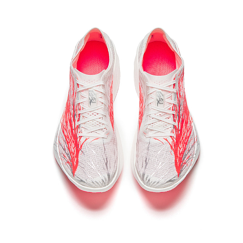 Marathon racing shoe pair, white mesh upper with red lining, lace-up top view