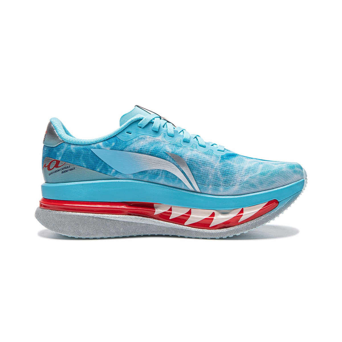 Women's running shoes, side view, bright water blue upper with white logo swoosh
