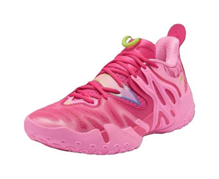 Single unisex pink basketball shoe with perforated upper, blue accent, and lime-green detail