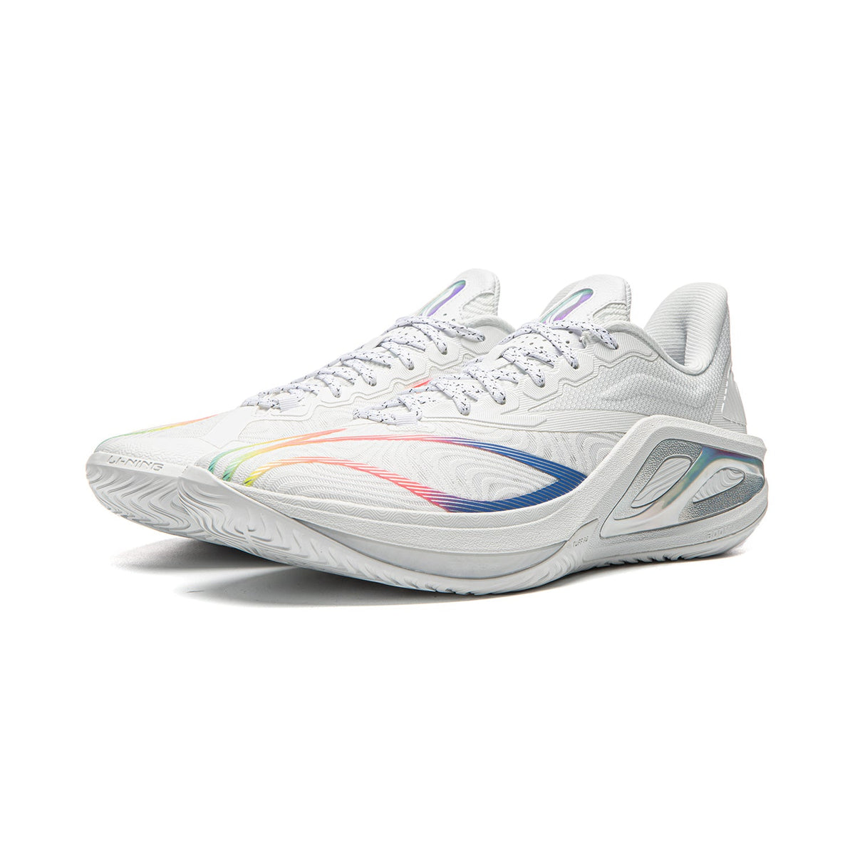 Men's white basketball shoe with rainbow stripe and side sculpted support panel