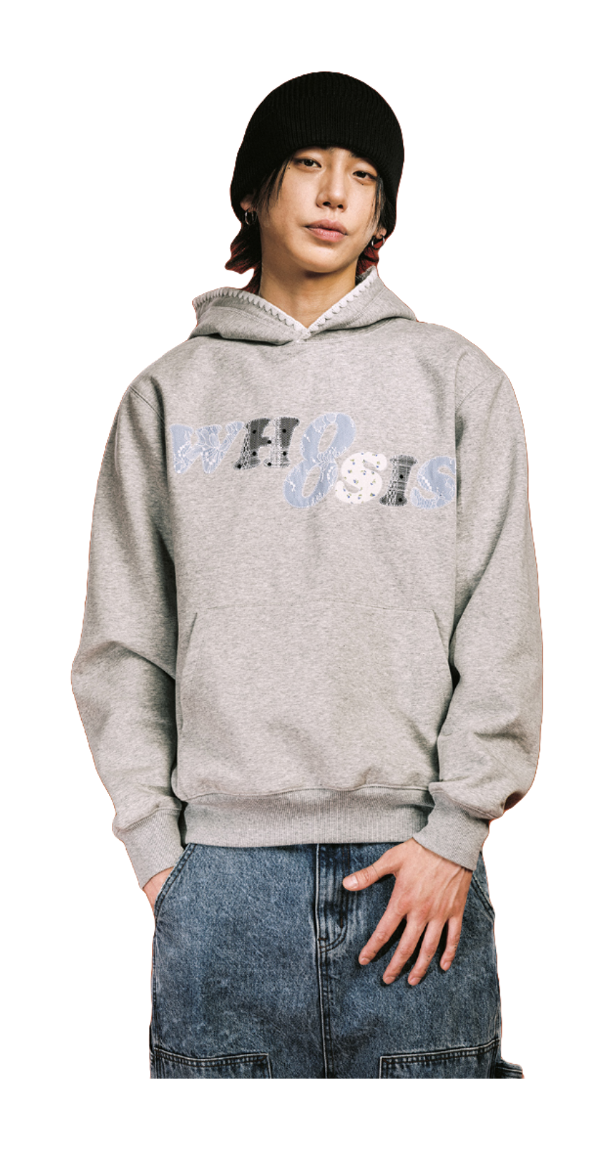 WHOOSIS floral denim patchwork embroidery casual loose and versatile campus autumn and winter comfortable hoodie with fleece hoodie for both men and women  vjsneaker.com