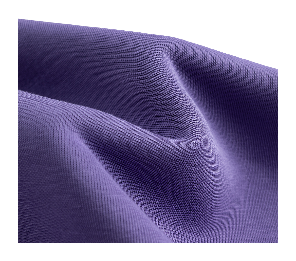 Close-up of purple hoodie knit fabric texture with smooth seams and drape