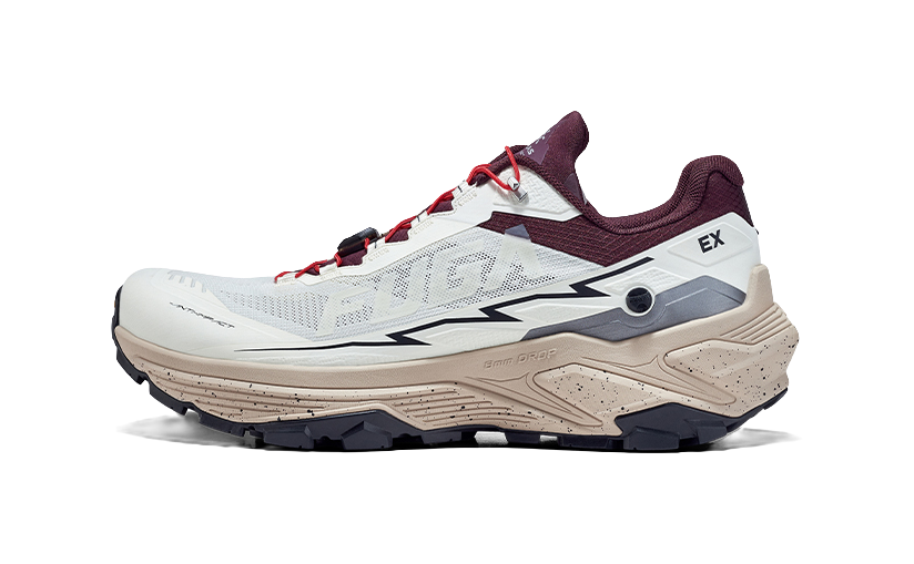 KAILAS FUGA EX3 trail running shoes, white upper with burgundy accents and beige midsole