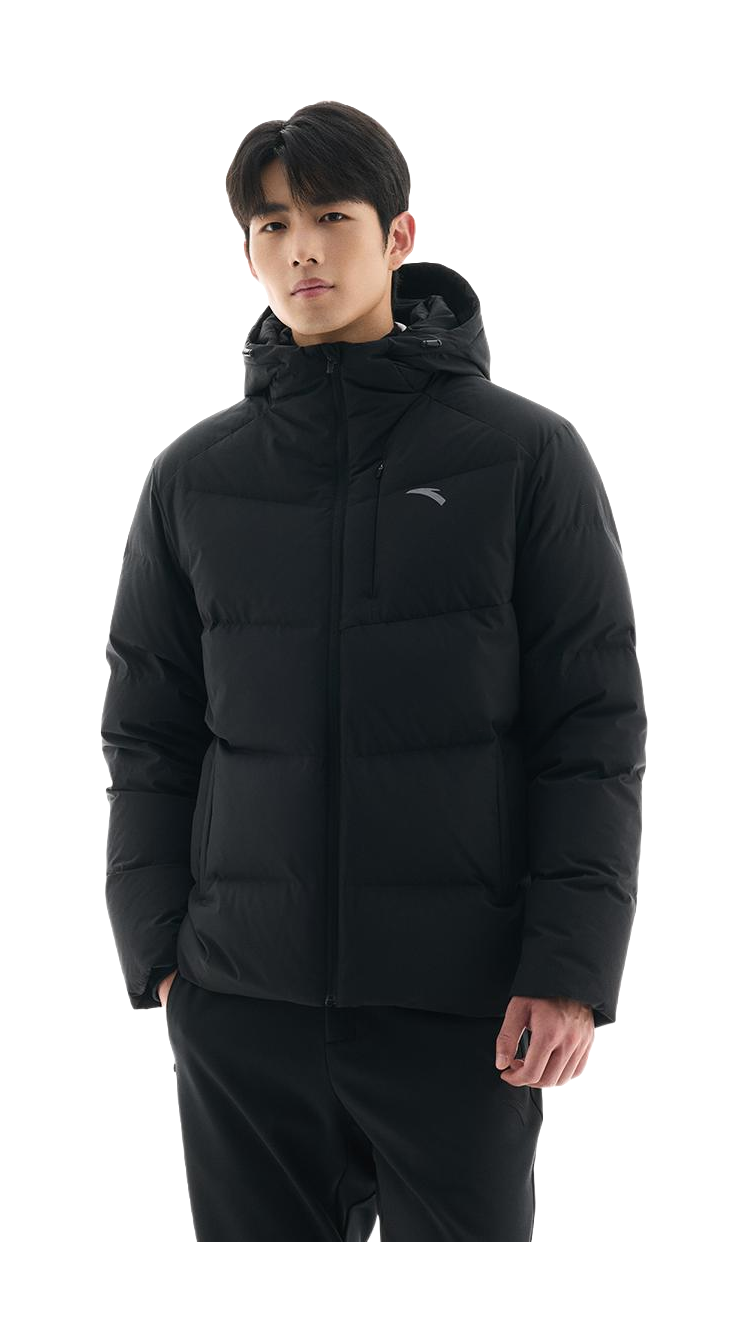 Men's black hooded down jacket, front view with chest logo and full-zip