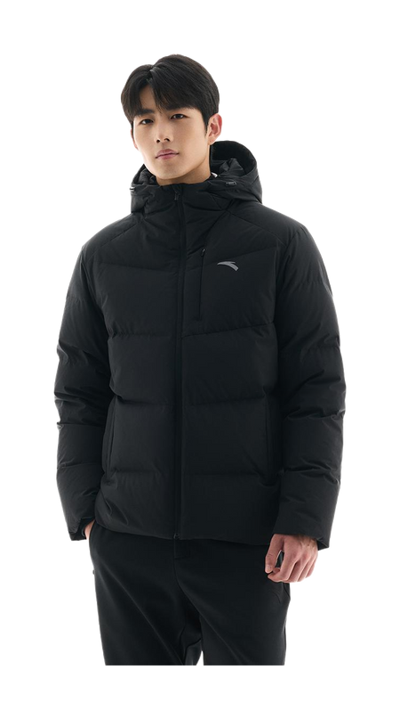 Men's black hooded down jacket, front view with chest logo and full-zip