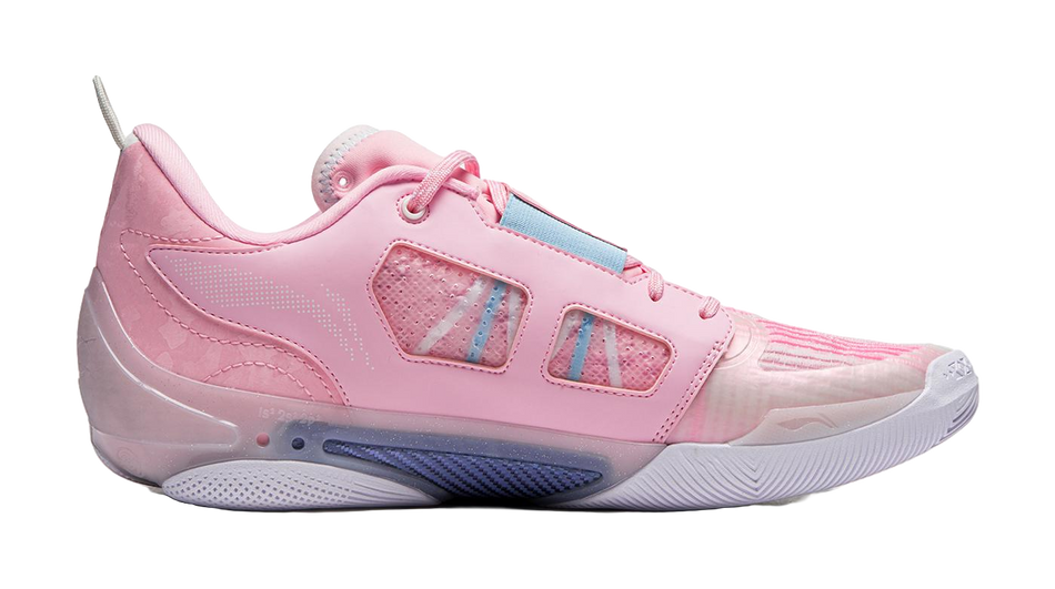 Men's pink basketball shoes, side view with lace-up closure and cushioned rubber sole