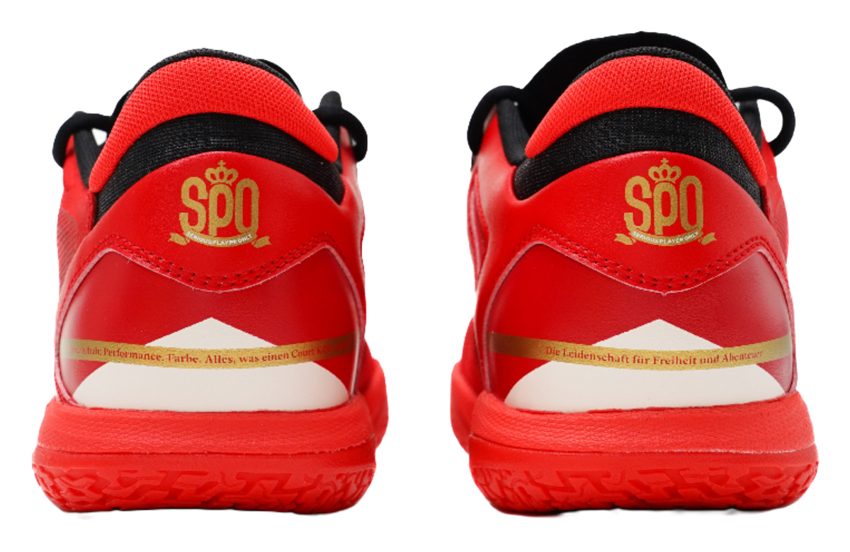 Red basketball shoes, heel view, with SPO branding and black trim