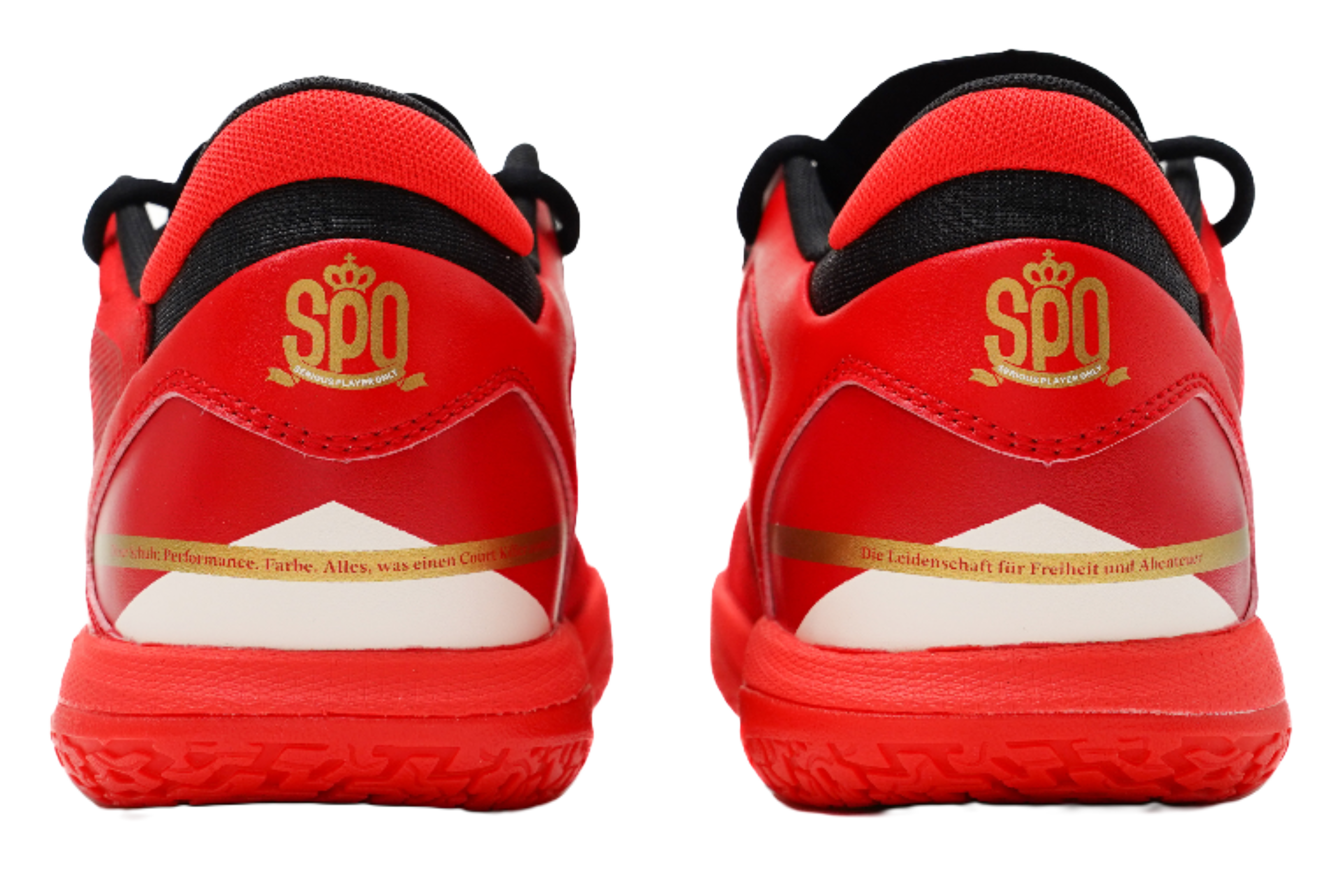 Red basketball shoes, heel view, with SPO branding and black trim