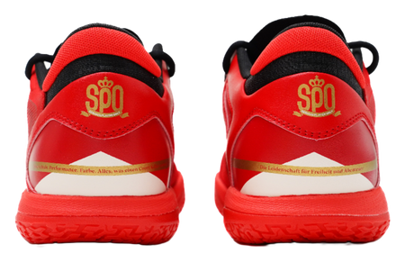 Red basketball shoes, heel view, with SPO branding and black trim