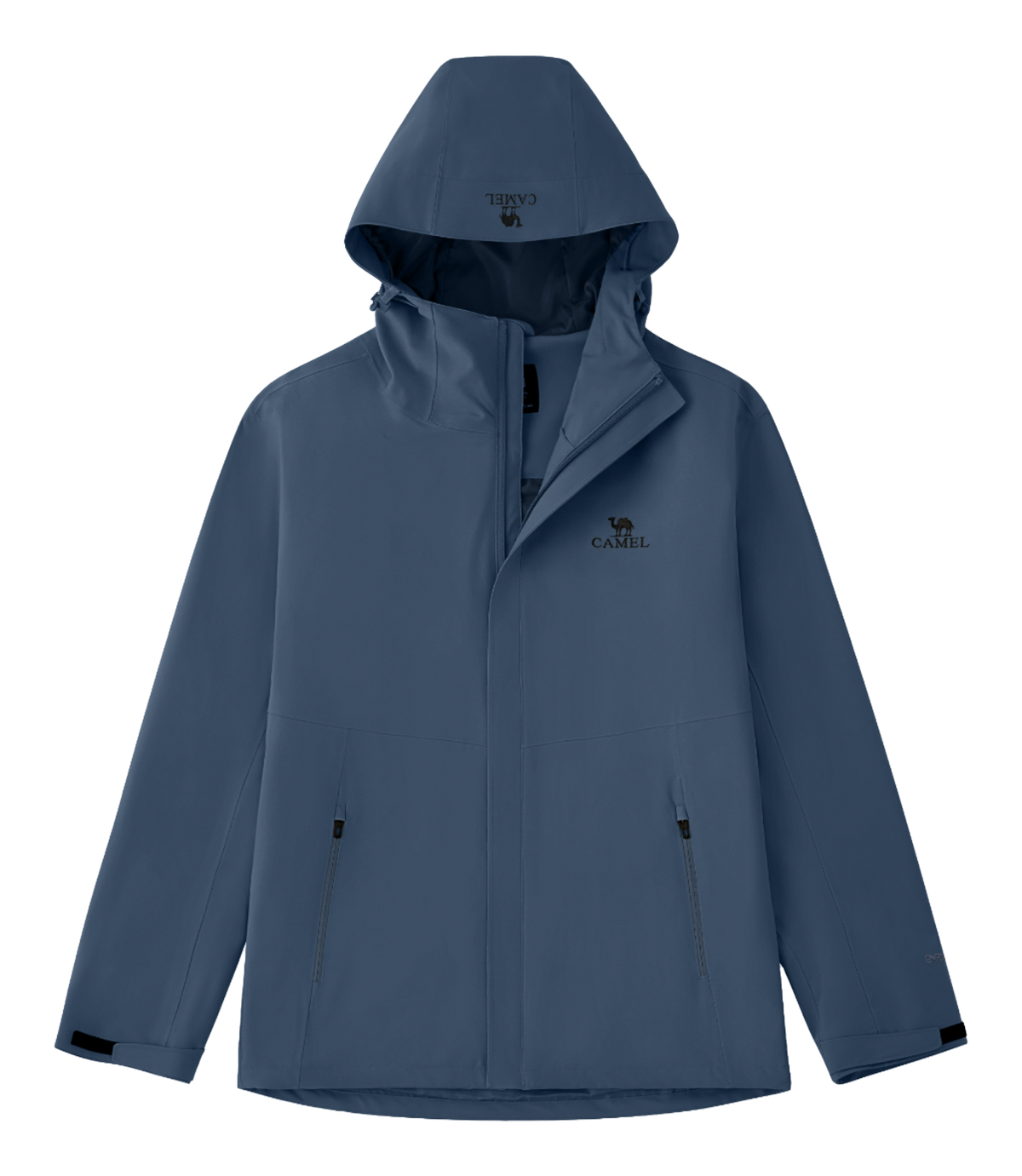 Unisex navy hooded windbreaker jacket with front zipper and side pockets