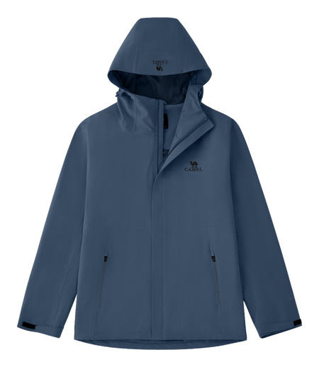 Unisex navy hooded windbreaker jacket with front zipper and side pockets