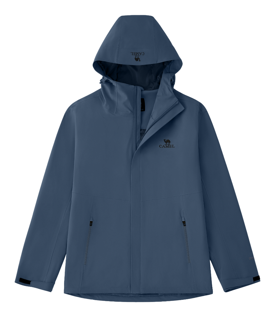 Unisex navy hooded windbreaker jacket with front zipper and side pockets