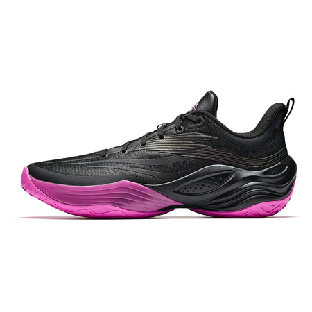 Basketball shoe with black upper, purple midsole, and pink outsole edge